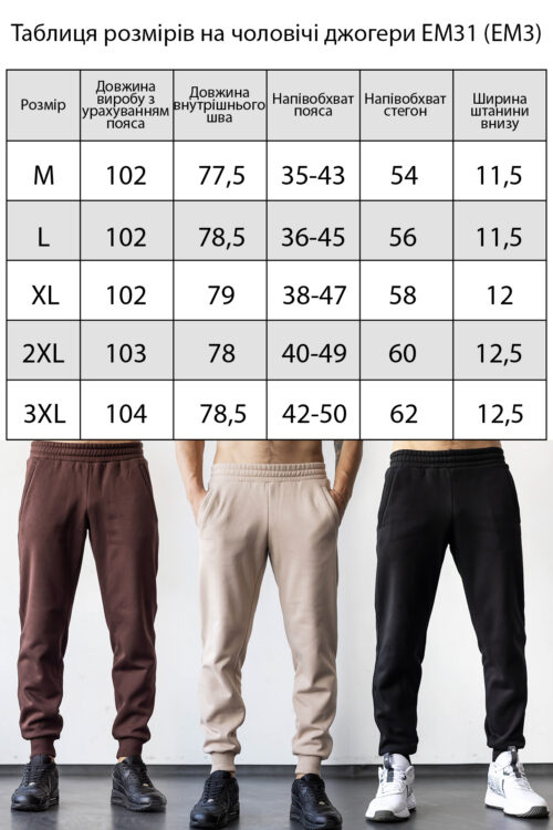 Розмірна таблиця штани джоггери чоловічі TOTALFIT EM3 EM31